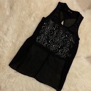 Sleeveless laser cutout crop front sheer back top